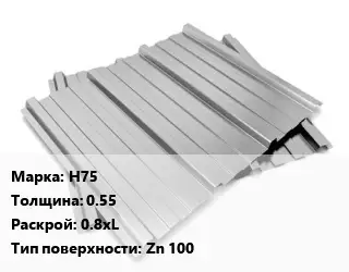 Профнастил оцинкованный профилированный Н75 s=0.55 0.8хL Покрытие:Zn 100